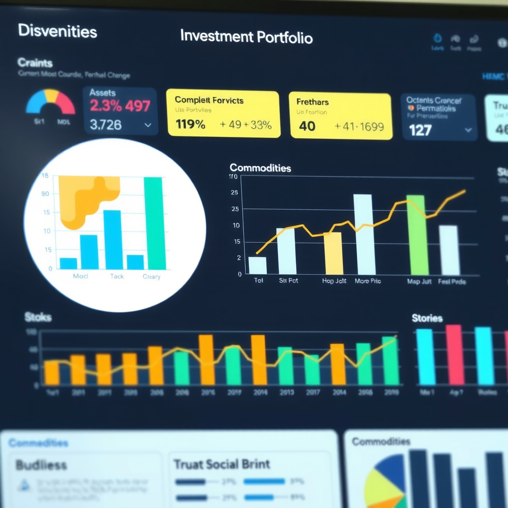 Graf zobrazující diverzifikované investiční portfolio s různými typy aktiv včetně akcií, dluhopisů a komodit na moderním finančním dashboardu