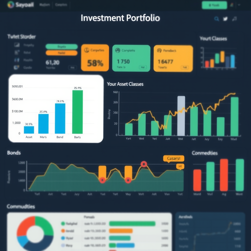 Graf diverzifikovaného investičního portfolia s různými třídami aktiv včetně akcií, dluhopisů a komodit na moderním finančním dashboardu