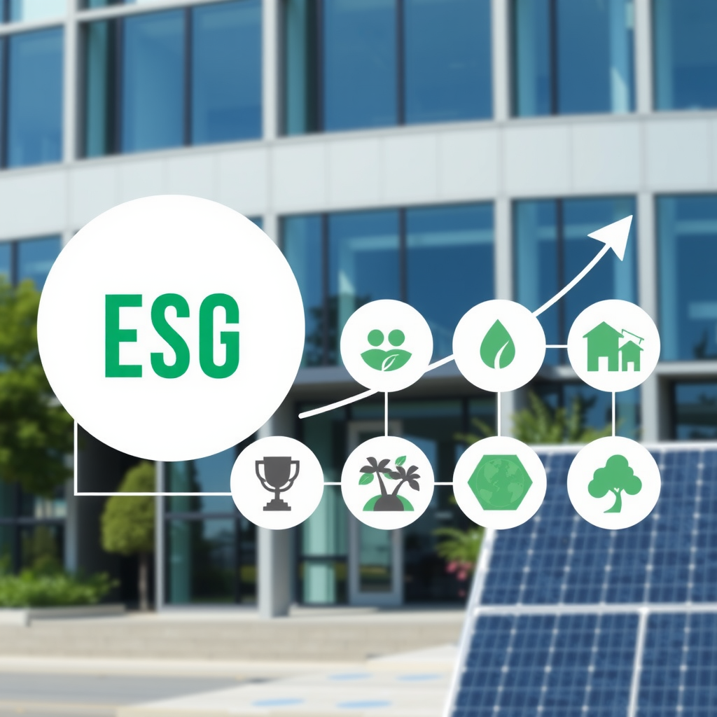 Graf zobrazující růst ESG investic s ikonami představujícími environmentální, sociální a správní faktory na pozadí moderní kancelářské budovy se solárními panely