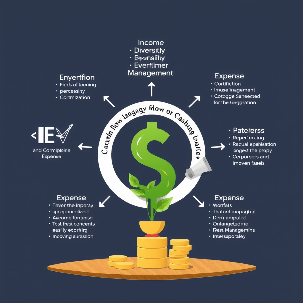Diagram znázorňující různé strategie řízení cash flow včetně diverzifikace příjmů a optimalizace výdajů