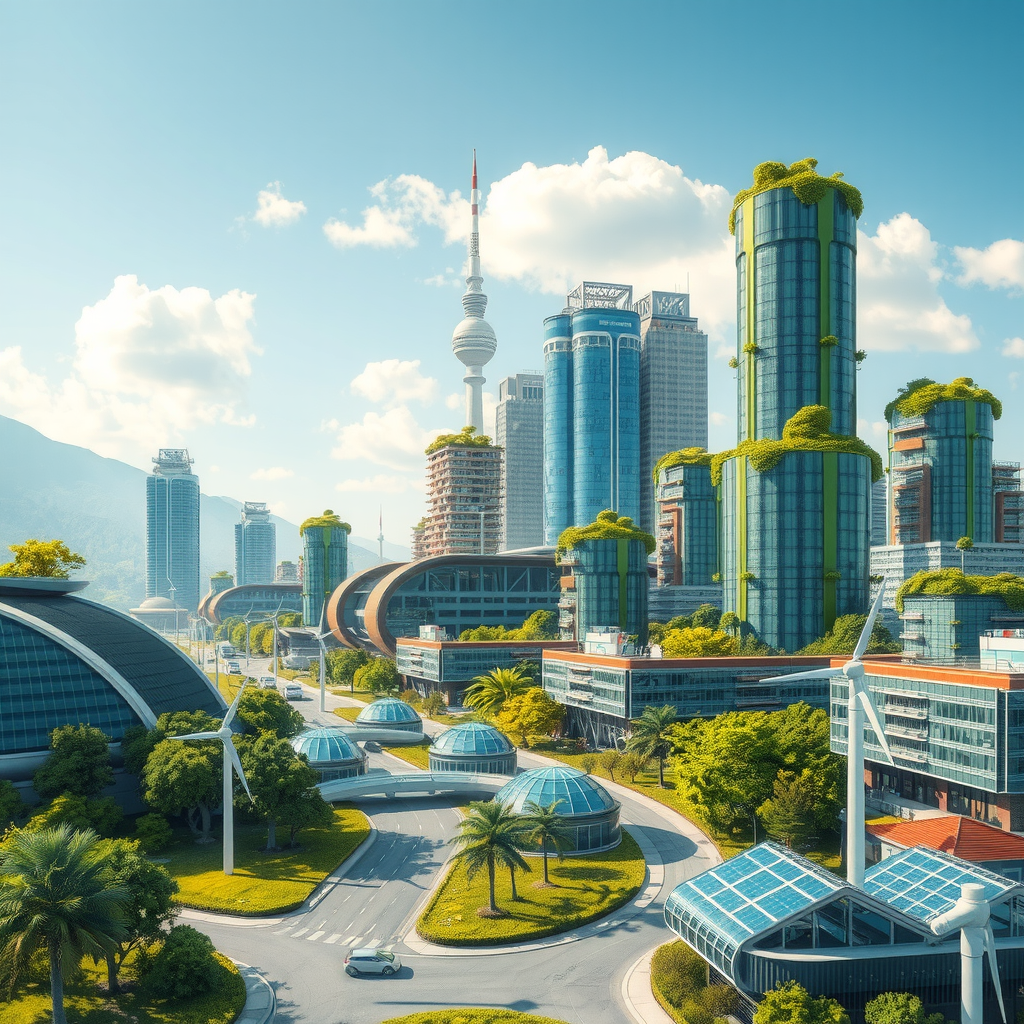 Futuristická vizualizace udržitelného města s obnovitelnými zdroji energie, zelenými budovami a moderními technologiemi představující budoucnost ESG investic