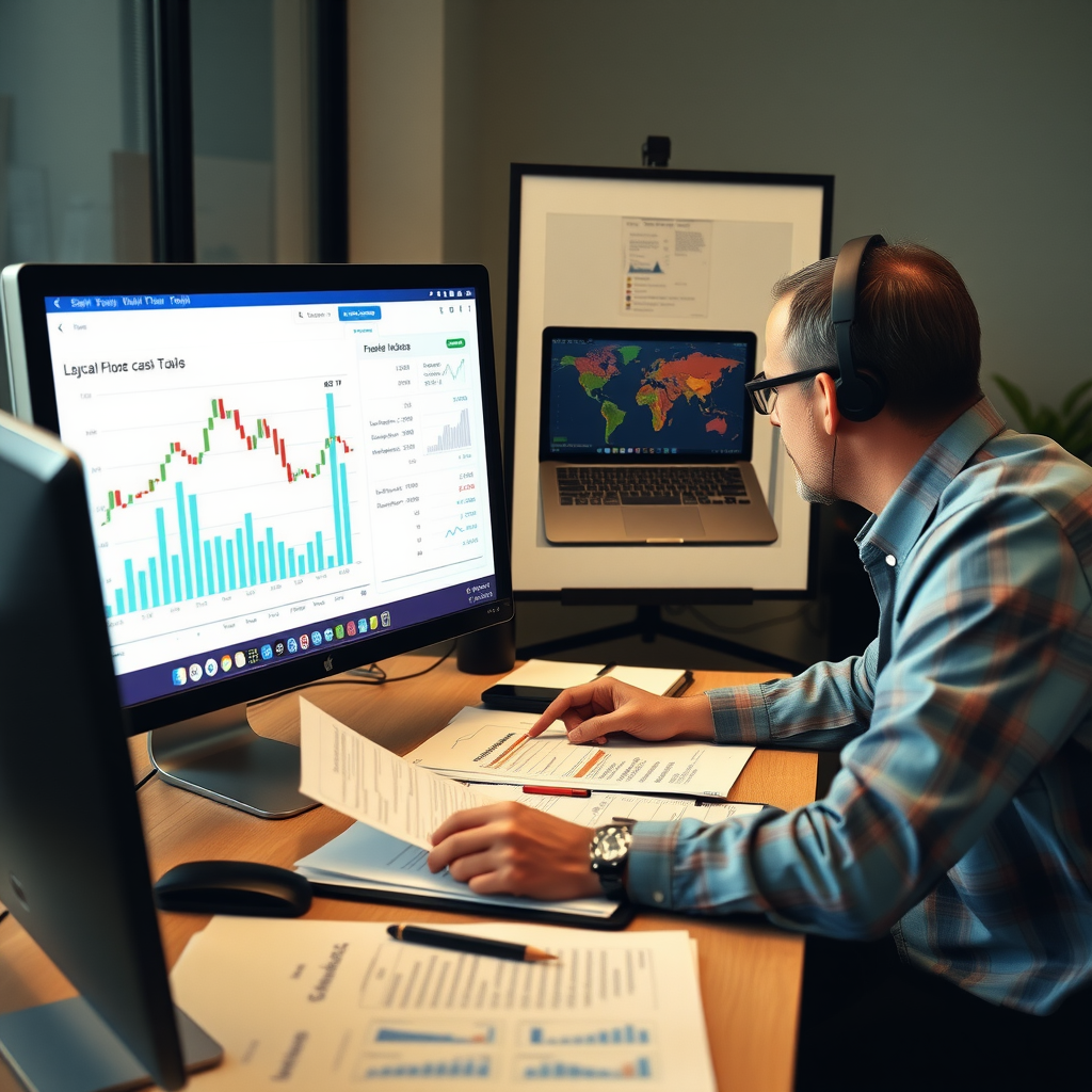 Finanční analytik sledující cash flow grafy na počítači s dokumenty a reporty o peněžních tocích firmy během ekonomické krize