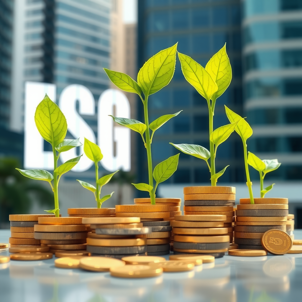 Zelené listy rostoucí z mincí s pozadím moderních budov, symbolizující ESG investice a udržitelné financování